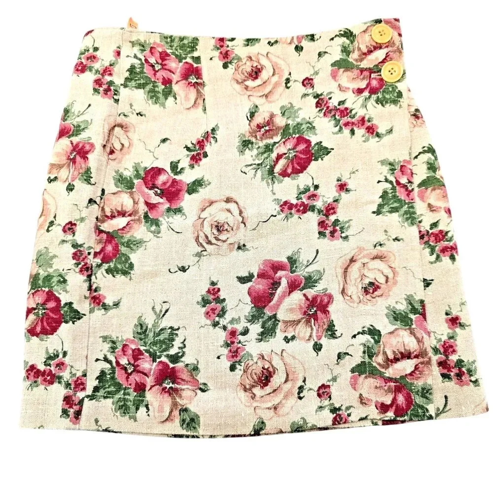 Vtg 90s Cottontail Originals Floral Linen Cotton Wrap Mini Skirt Jrs 7‎ XS 24.5w